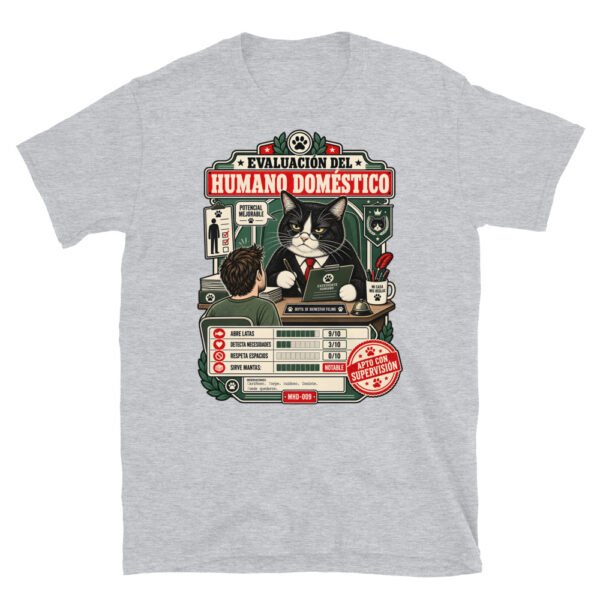 Camiseta de gatos «Evaluación del humano» — diseño MHD-009 de la serie Manual del Humano Doméstico en color Gris deportivo
