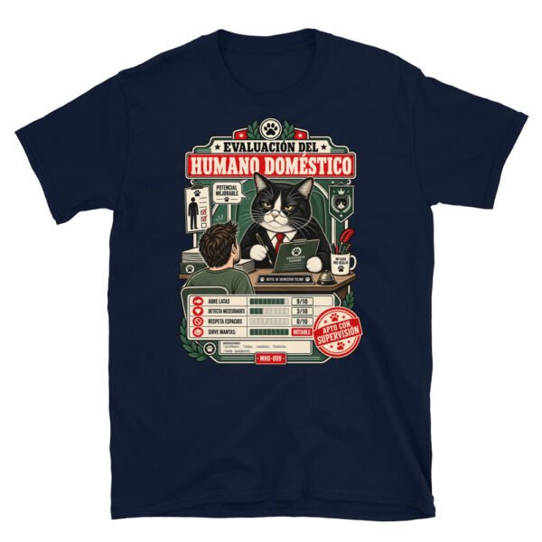 Camiseta de gatos «Evaluación del humano» — diseño MHD-009 de la serie Manual del Humano Doméstico en color Marino