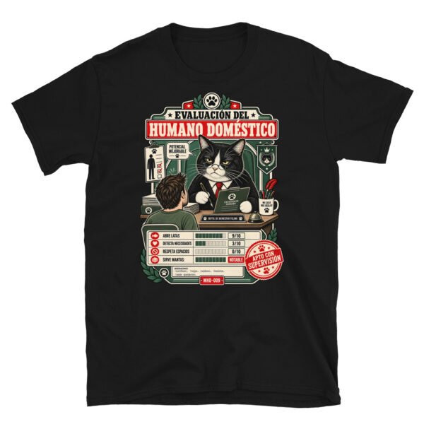 Camiseta de gatos «Evaluación del humano» — diseño MHD-009 de la serie Manual del Humano Doméstico en color Negro
