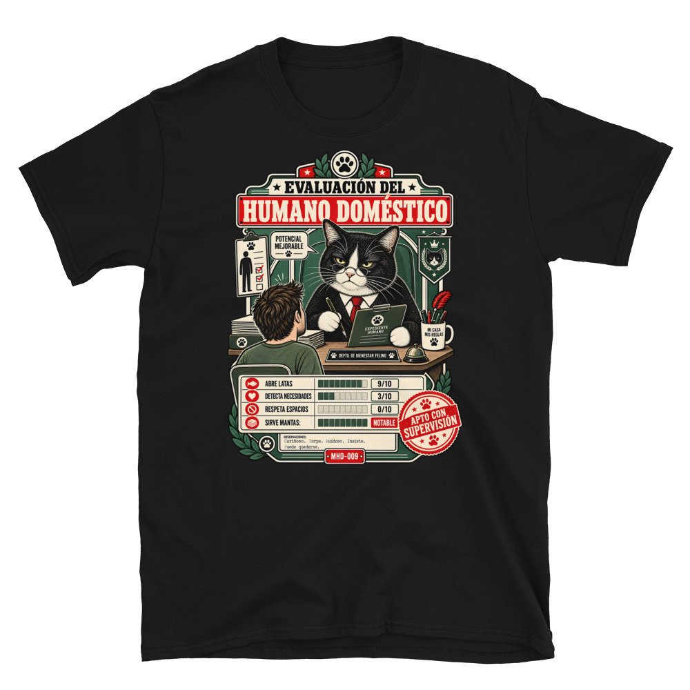 Camiseta de gatos «Evaluación del humano» — diseño MHD-009 de la serie Manual del Humano Doméstico en color Negro