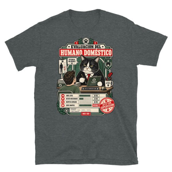 Camiseta de gatos «Evaluación del humano» — diseño MHD-009 de la serie Manual del Humano Doméstico en color Oscuro jaspeado
