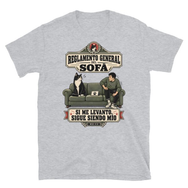 Camiseta de gatos «Reglamento del sofá» — diseño MHD-010 de la serie Manual del Humano Doméstico en color Gris deportivo
