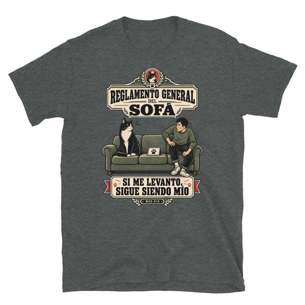 Camiseta de gatos «Reglamento del sofá» — diseño MHD-010 de la serie Manual del Humano Doméstico en color Oscuro jaspeado