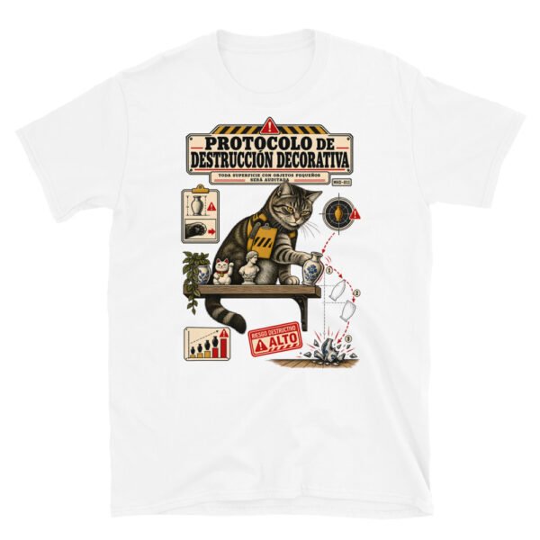 Camiseta de gatos «Protocolo de destrucción decorativa» — diseño MHD-011 de la serie Manual del Humano Doméstico en color Blanco