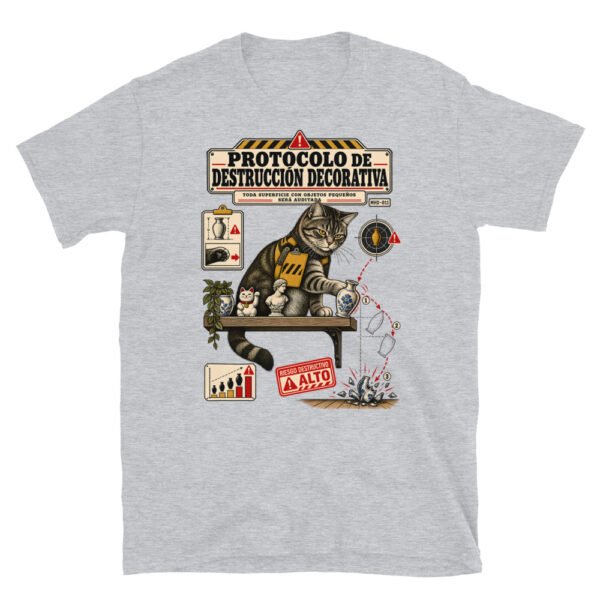 Camiseta de gatos «Protocolo de destrucción decorativa» — diseño MHD-011 de la serie Manual del Humano Doméstico en color Gris deportivo