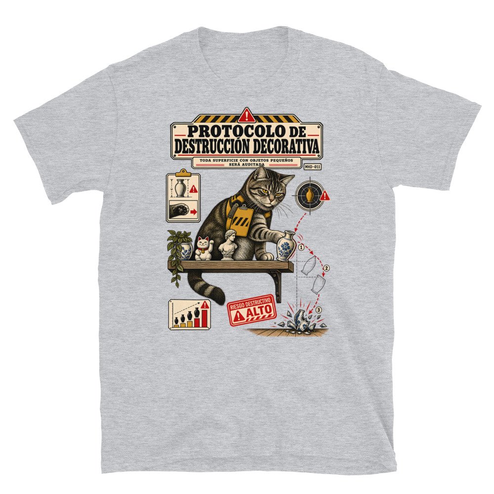 Camiseta de gatos «Protocolo de destrucción decorativa» — diseño MHD-011 de la serie Manual del Humano Doméstico en color Gris deportivo