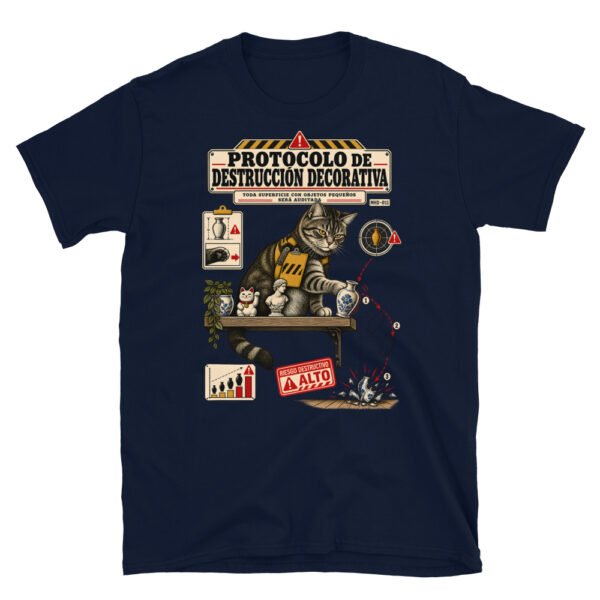 Camiseta de gatos «Protocolo de destrucción decorativa» — diseño MHD-011 de la serie Manual del Humano Doméstico en color Marino