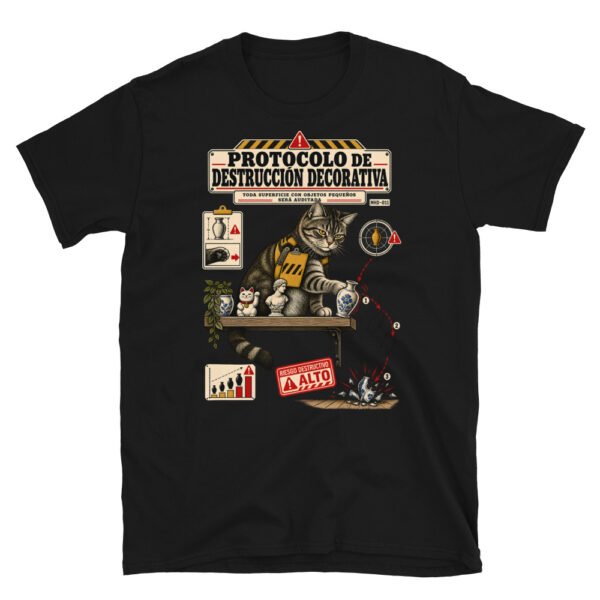 Camiseta de gatos «Protocolo de destrucción decorativa» — diseño MHD-011 de la serie Manual del Humano Doméstico en color Negro