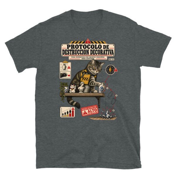 Camiseta de gatos «Protocolo de destrucción decorativa» — diseño MHD-011 de la serie Manual del Humano Doméstico en color Oscuro jaspeado