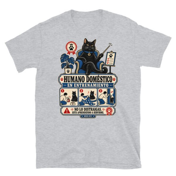 Camiseta de gatos «Humano en entrenamiento» — diseño MHD-012 de la serie Manual del Humano Doméstico en color Gris deportivo