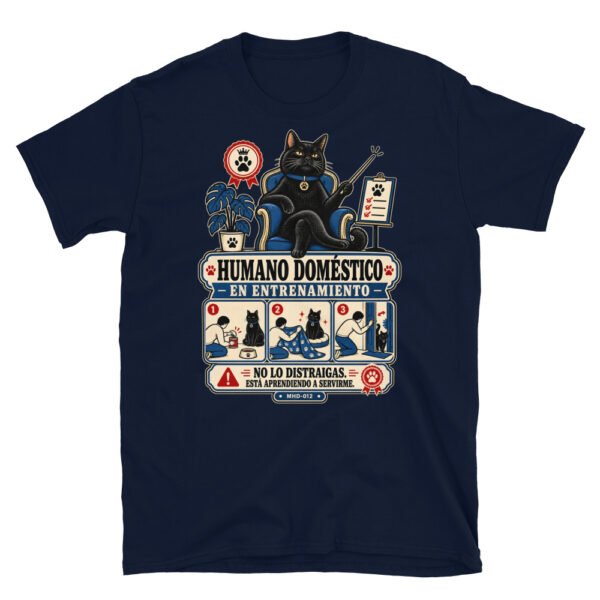 Camiseta de gatos «Humano en entrenamiento» — diseño MHD-012 de la serie Manual del Humano Doméstico en color Marino
