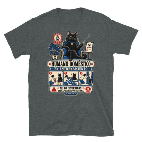 Camiseta de gatos «Humano en entrenamiento» — diseño MHD-012 de la serie Manual del Humano Doméstico en color Oscuro jaspeado