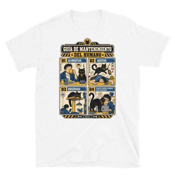 Camiseta de gatos «Mantenimiento del humano» — diseño MHD-013 de la serie Manual del Humano Doméstico en color Blanco