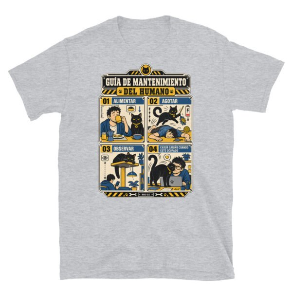 Camiseta de gatos «Mantenimiento del humano» — diseño MHD-013 de la serie Manual del Humano Doméstico en color Gris deportivo