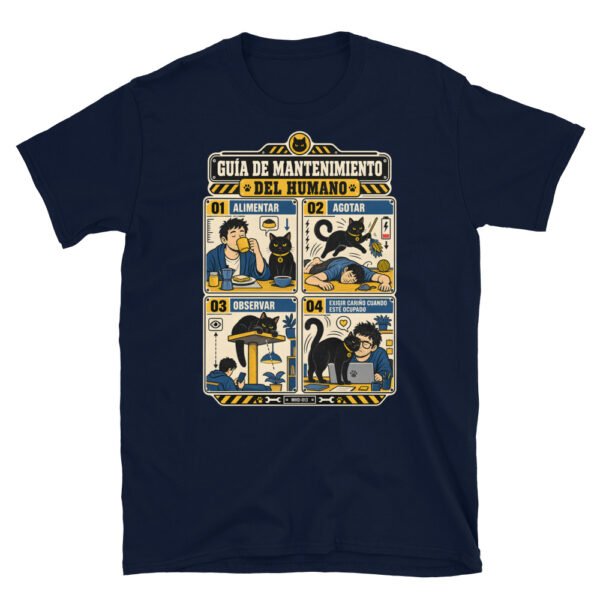 Camiseta de gatos «Mantenimiento del humano» — diseño MHD-013 de la serie Manual del Humano Doméstico en color Marino