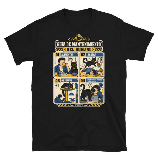 Camiseta de gatos «Mantenimiento del humano» — diseño MHD-013 de la serie Manual del Humano Doméstico en color Negro