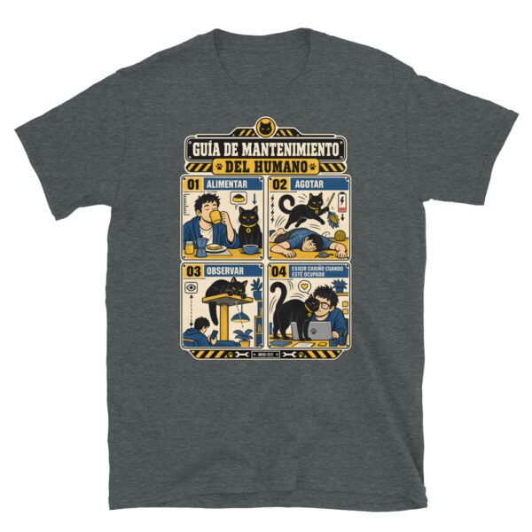 Camiseta de gatos «Mantenimiento del humano» — diseño MHD-013 de la serie Manual del Humano Doméstico en color Oscuro jaspeado