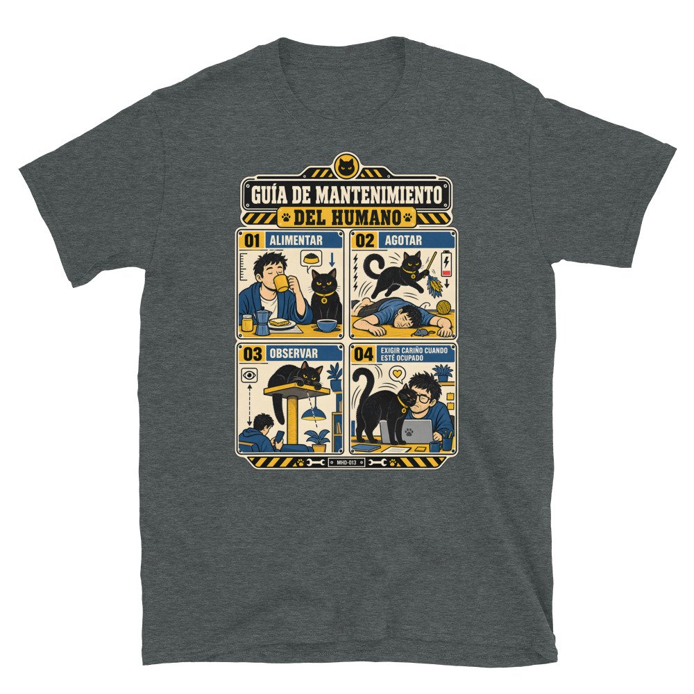Camiseta de gatos «Mantenimiento del humano» — diseño MHD-013 de la serie Manual del Humano Doméstico en color Oscuro jaspeado