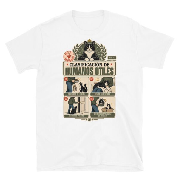 Camiseta de gatos «Clasificación de humanos útiles» — diseño MHD-014 de la serie Manual del Humano Doméstico en color Blanco