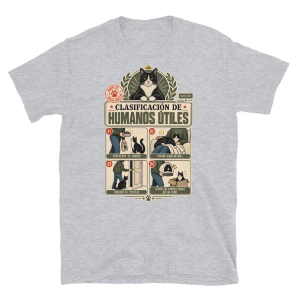 Camiseta de gatos «Clasificación de humanos útiles» — diseño MHD-014 de la serie Manual del Humano Doméstico en color Gris deportivo