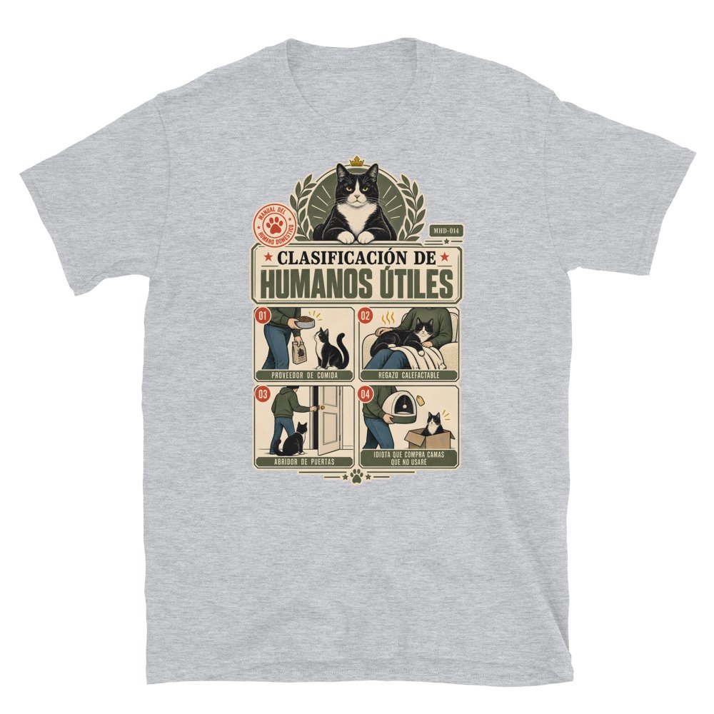Camiseta de gatos «Clasificación de humanos útiles» — diseño MHD-014 de la serie Manual del Humano Doméstico en color Gris deportivo