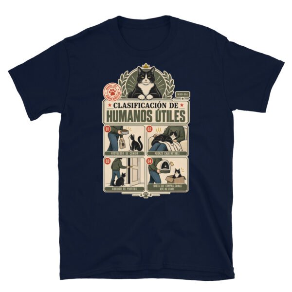 Camiseta de gatos «Clasificación de humanos útiles» — diseño MHD-014 de la serie Manual del Humano Doméstico en color Marino