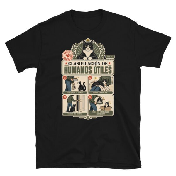 Camiseta de gatos «Clasificación de humanos útiles» — diseño MHD-014 de la serie Manual del Humano Doméstico en color Negro