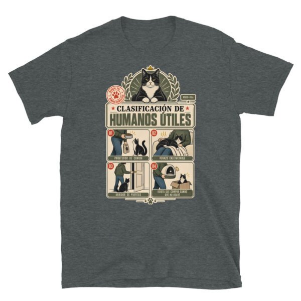 Camiseta de gatos «Clasificación de humanos útiles» — diseño MHD-014 de la serie Manual del Humano Doméstico en color Oscuro jaspeado