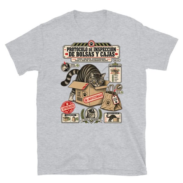 Camiseta de gatos «Inspección de bolsas y cajas» — diseño MHD-015 de la serie Manual del Humano Doméstico en color Gris deportivo