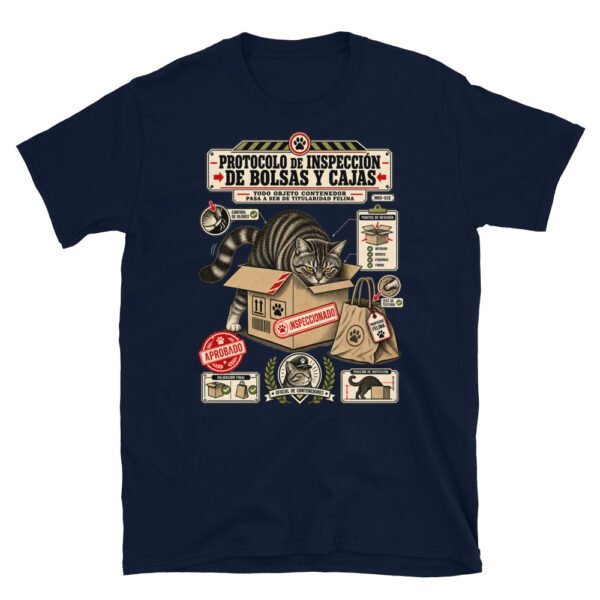 Camiseta de gatos «Inspección de bolsas y cajas» — diseño MHD-015 de la serie Manual del Humano Doméstico en color Marino