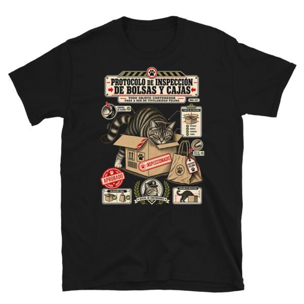 Camiseta de gatos «Inspección de bolsas y cajas» — diseño MHD-015 de la serie Manual del Humano Doméstico en color Negro