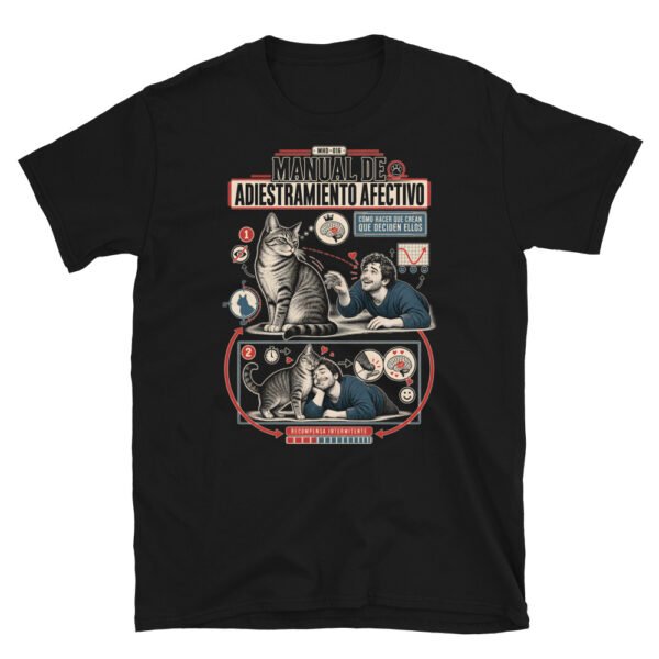 Camiseta de gatos «Adiestramiento afectivo» — diseño MHD-016 de la serie Manual del Humano Doméstico en color Negro