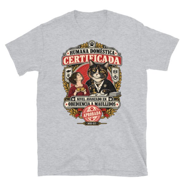 Camiseta de gatos «Humana doméstica certificada» — diseño MHD-017 de la serie Manual del Humano Doméstico en color Gris deportivo