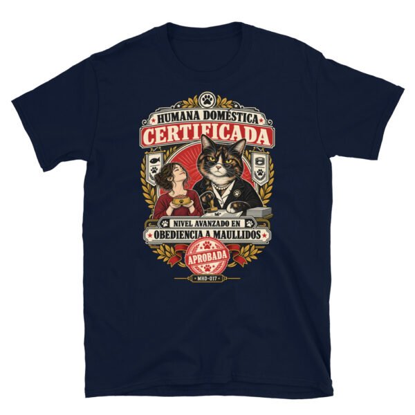Camiseta de gatos «Humana doméstica certificada» — diseño MHD-017 de la serie Manual del Humano Doméstico en color Marino