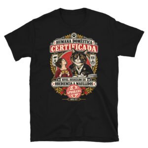 Camiseta de gatos «Humana doméstica certificada» — diseño MHD-017 de la serie Manual del Humano Doméstico en color Negro