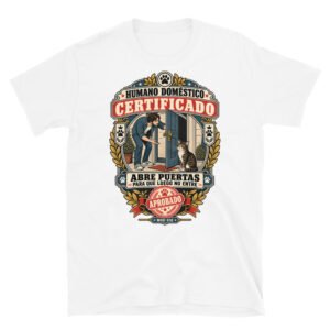 Camiseta de gatos «Humano doméstico certificado» — diseño MHD-018 de la serie Manual del Humano Doméstico en color Blanco