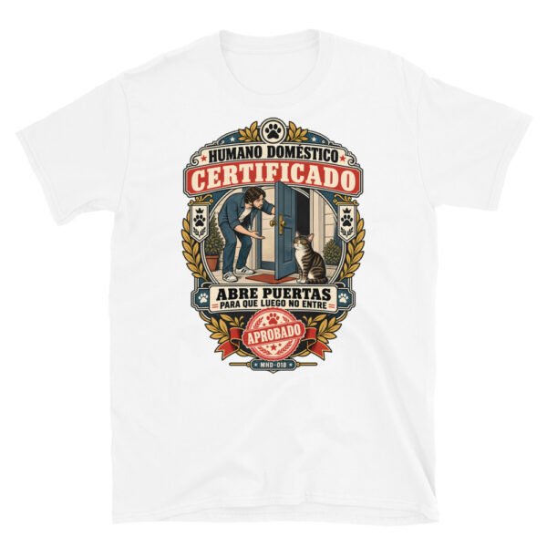 Camiseta de gatos «Humano doméstico certificado» — diseño MHD-018 de la serie Manual del Humano Doméstico en color Blanco