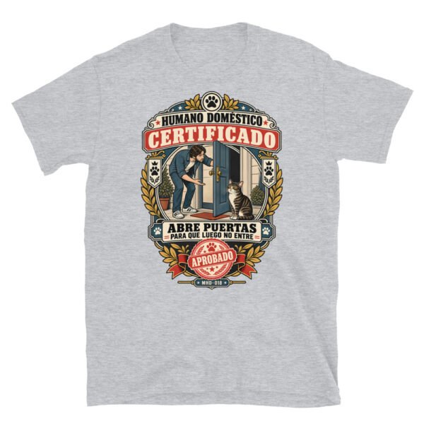 Camiseta de gatos «Humano doméstico certificado» — diseño MHD-018 de la serie Manual del Humano Doméstico en color Gris deportivo