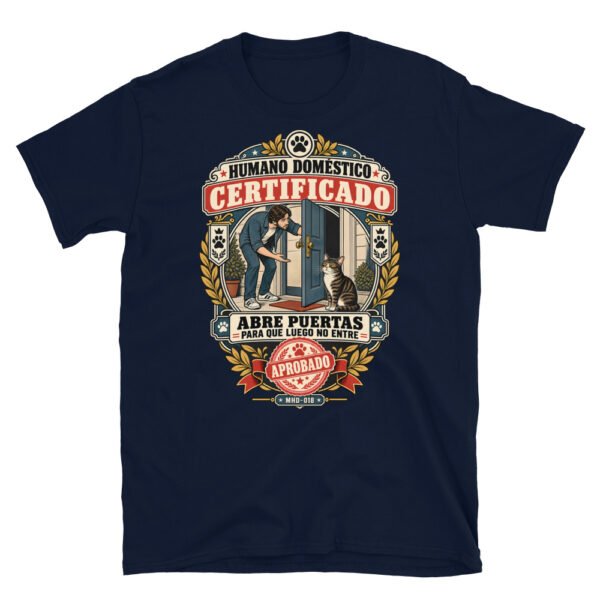 Camiseta de gatos «Humano doméstico certificado» — diseño MHD-018 de la serie Manual del Humano Doméstico en color Marino