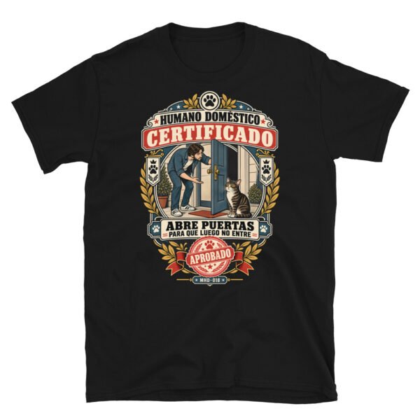Camiseta de gatos «Humano doméstico certificado» — diseño MHD-018 de la serie Manual del Humano Doméstico en color Negro