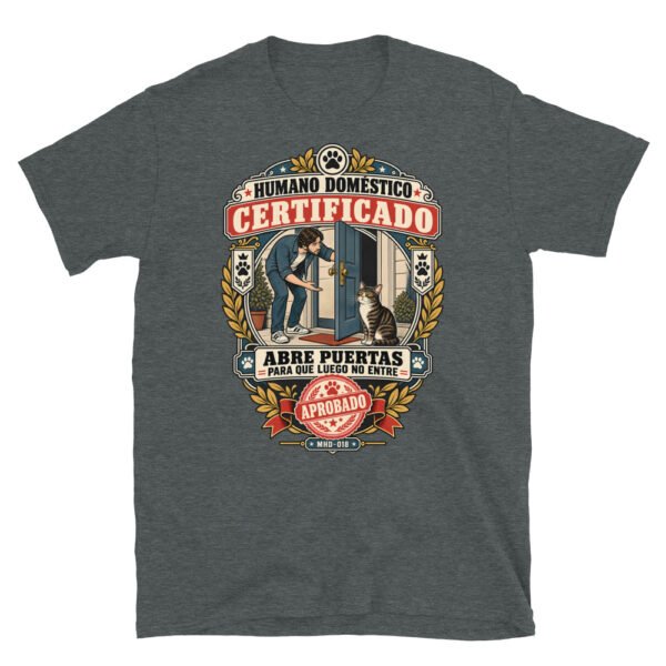 Camiseta de gatos «Humano doméstico certificado» — diseño MHD-018 de la serie Manual del Humano Doméstico en color Oscuro jaspeado