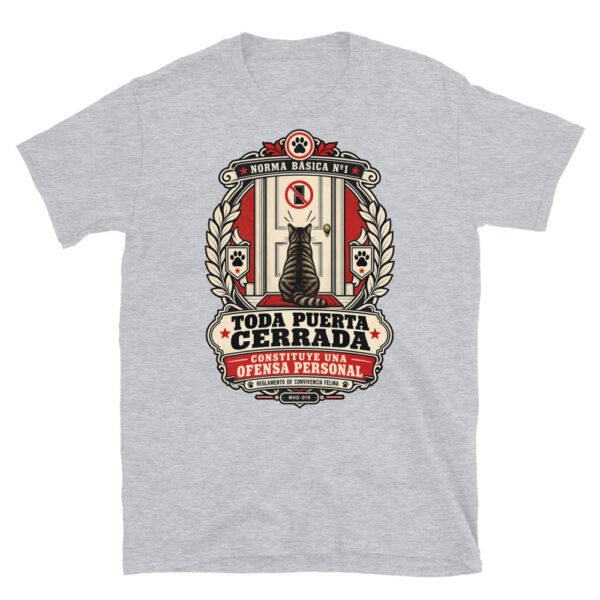Camiseta de gatos «Toda puerta cerrada es una ofensa» — diseño MHD-019 de la serie Manual del Humano Doméstico en color Gris deportivo