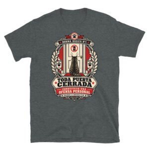 Camiseta de gatos «Toda puerta cerrada es una ofensa» — diseño MHD-019 de la serie Manual del Humano Doméstico en color Oscuro jaspeado
