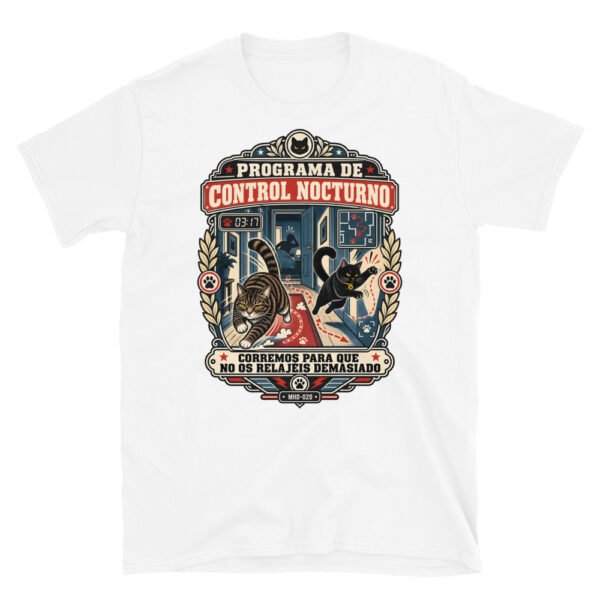 Camiseta de gatos «Programa de control nocturno» — diseño MHD-020 de la serie Manual del Humano Doméstico en color Blanco