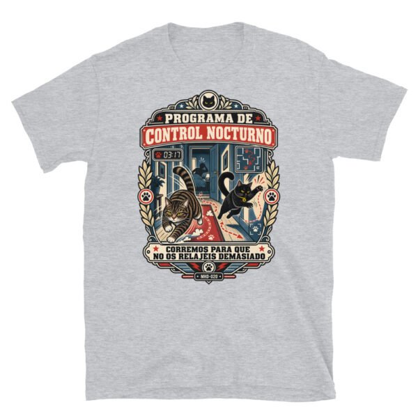 Camiseta de gatos «Programa de control nocturno» — diseño MHD-020 de la serie Manual del Humano Doméstico en color Gris deportivo