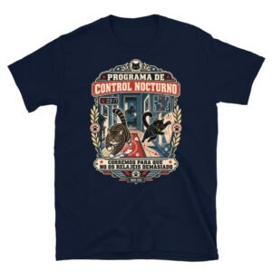 Camiseta de gatos «Programa de control nocturno» — diseño MHD-020 de la serie Manual del Humano Doméstico en color Marino