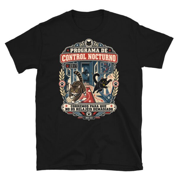 Camiseta de gatos «Programa de control nocturno» — diseño MHD-020 de la serie Manual del Humano Doméstico en color Negro