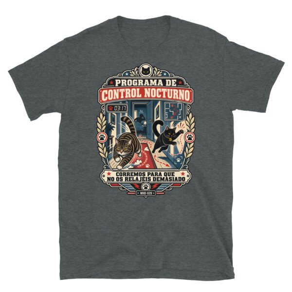 Camiseta de gatos «Programa de control nocturno» — diseño MHD-020 de la serie Manual del Humano Doméstico en color Oscuro jaspeado