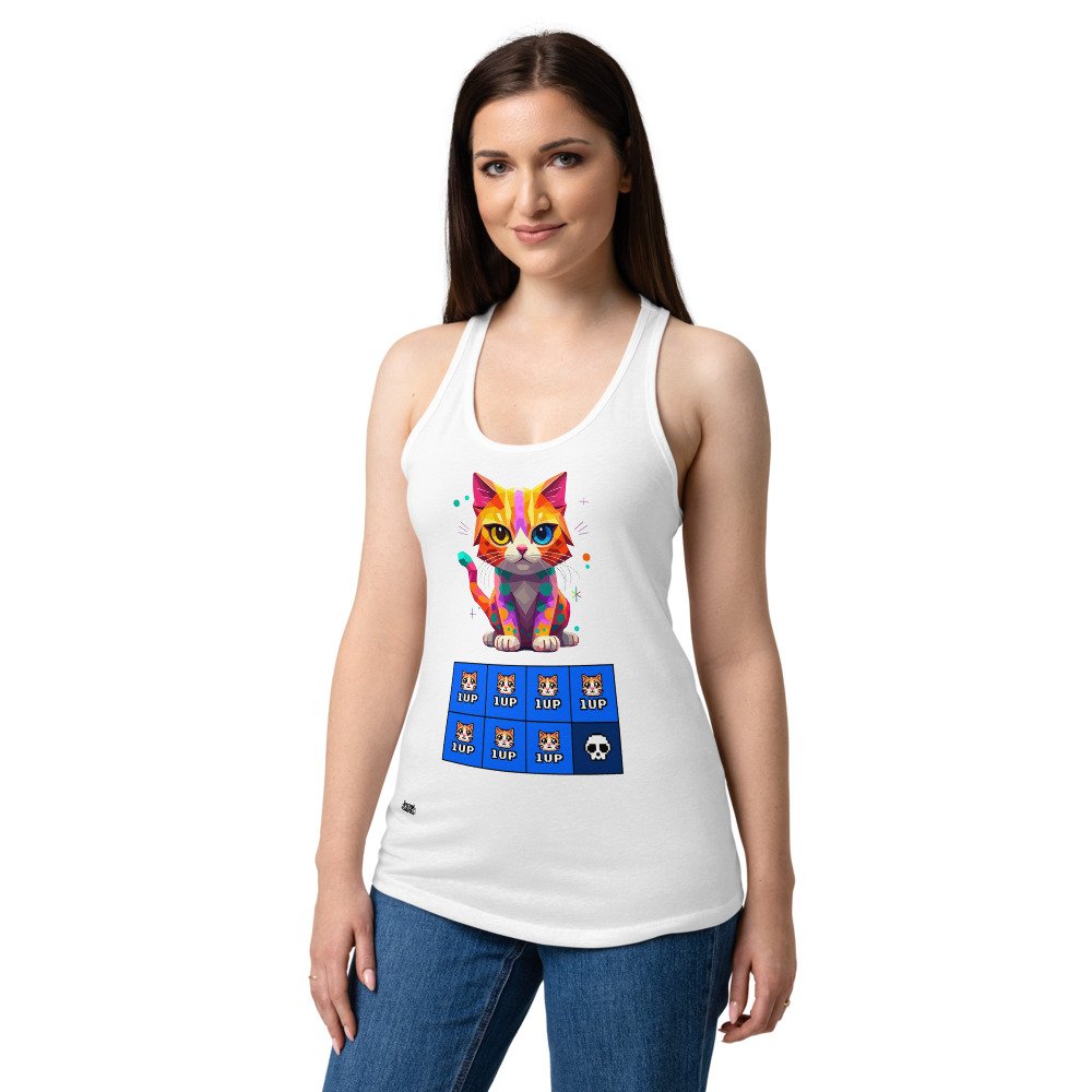 Camiseta de gatos para mujer 7 VIDAS GAMER en color blanco, sobre modelo