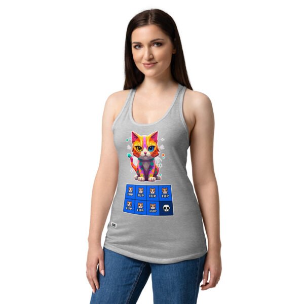 Camiseta de gatos para mujer 7 VIDAS GAMER en color gris jaspeado, sobre modelo